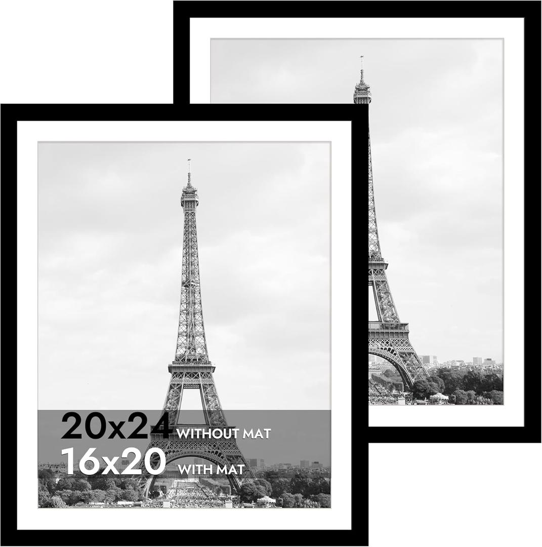 iRahmen 20x24 Picture Frame Set of 2 with Plexiglass, Black Wood Poster Frame for Wall Mounting Display 16x20 Picture with Mat or 20 x 24 Without Mat