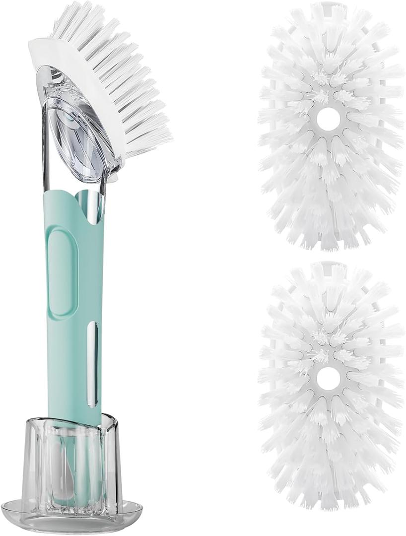Soap Dispensing Replacement Dish Brush Storage Set with 2 PCS Brush Refills & Holder - RIMAY Dispenser Scrub Cleaning Scrubber Kitchen Dishwashing Dish Wand Handle for Dishes/Pans/Pots/Sink(Blue)