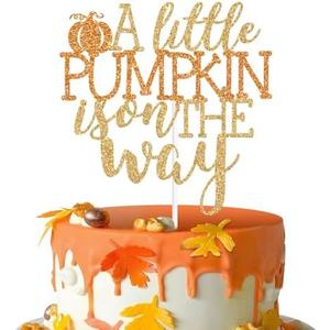 A Little Pumpkin is on the Way Cake Topper, Fall Baby Birthday, Autumn Thanksgiving Halloween Baby Shower Gender Reveal Pregnancy Annoucement Party Decorations Supplies, Gold and Orange Glitter
