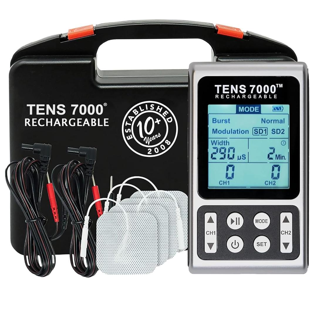 TENS 7000 Rechargeable Elite TENS Unit Muscle Stimulator and Pain Relief Device - Advanced TENS Machine for Effective Back Pain, Nerve Pain and Muscle Pain Relief (4 Electrodes)