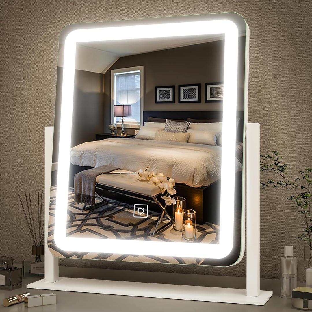 FENNIO Vanity Mirror with Lights - 15"x12.6" LED Lighted Makeup Mirror, Large Makeup Mirror with Lights, Touch Screen with 3-Color Lighting, Dimmable, for Vanity Desk Tabletop, Bedroom (White)