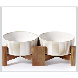 Getstar Ceramic Dog Bowls Set with Acacia Wood Stand, 3.5 Cups Pet Bowls Set of 2 for Medium Dogs, Cute Dog Food Bowl, Cat Bowls
