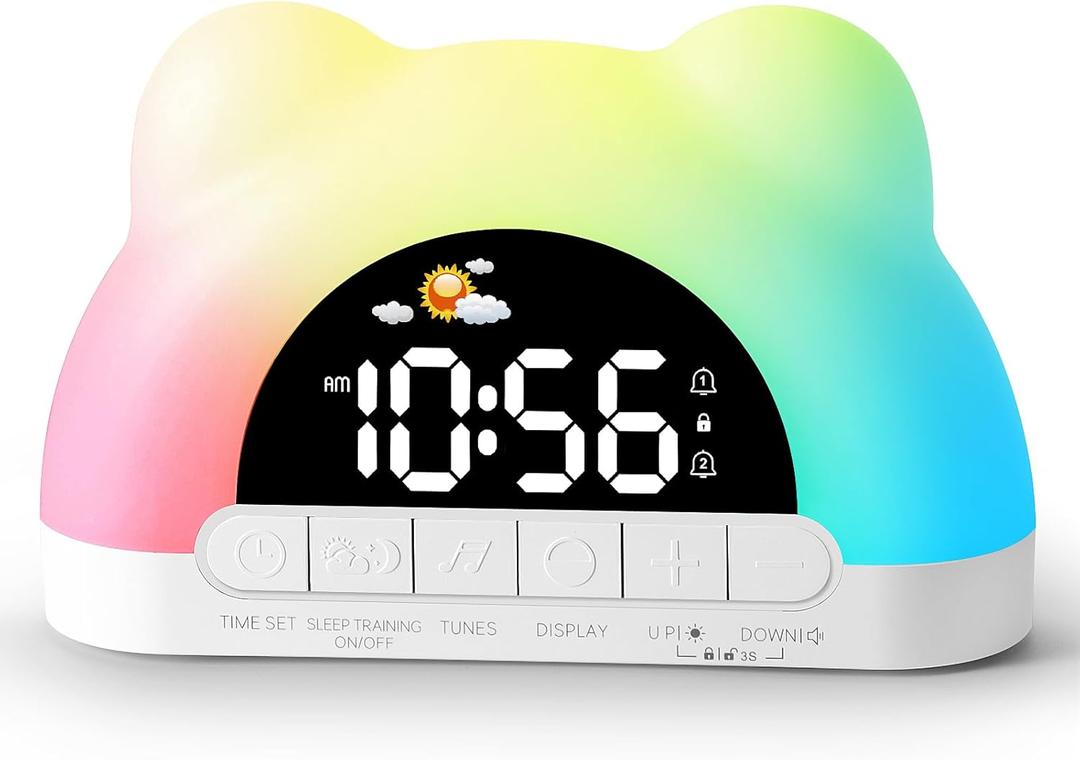 Hournor Kids Alarm Clock, Ok to Wake Alarm Clock for Kids, Toddlers Sleep Training Clock with 12 Colors Night Light for Bedroom, Sound Machine, Birthday Gift for Boys Girls Children(Adapter Include) (White)
