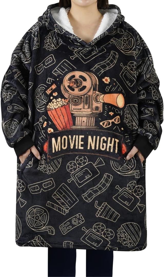 Movie Night Gifts, Movie Night Wearable Blanket Hoodies for Adults for Birthday, Christmas, Oversized Flannel Hooded Blankets, One Size Fits All