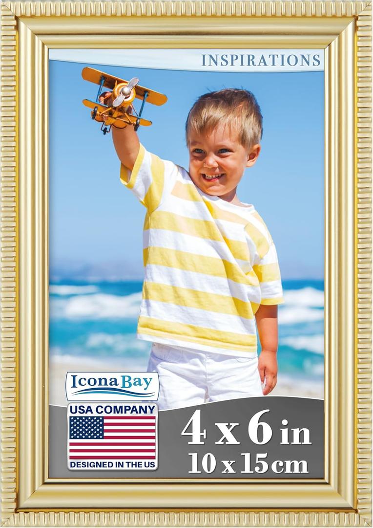 Icona Bay 4x6 Gold Picture Frame Beautifully Detailed Molding, Contemporary Picture Frame Set, Wall Mount or Table Top, Inspirations Collection
