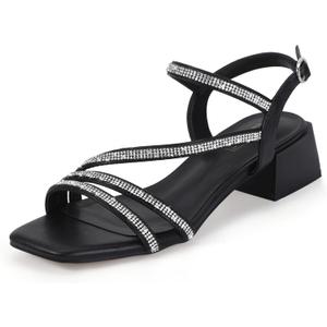IDIFU IN2 Rhinestone Low Heels for Women Strappy Chunky Block Short Square Open Toe Heeled Sandals Wedding Bride Party Dress Shoes Comfortable Dressy Sparkly Bling Thick Heels, Black Rhinestone, (7)