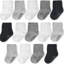 Fruit of the Loom Baby 14-Pack Grow & Fit Flex Zones Cotton Stretch Socks - Unisex, Girls, Boys (12-24 Months, Black, White, Grey)