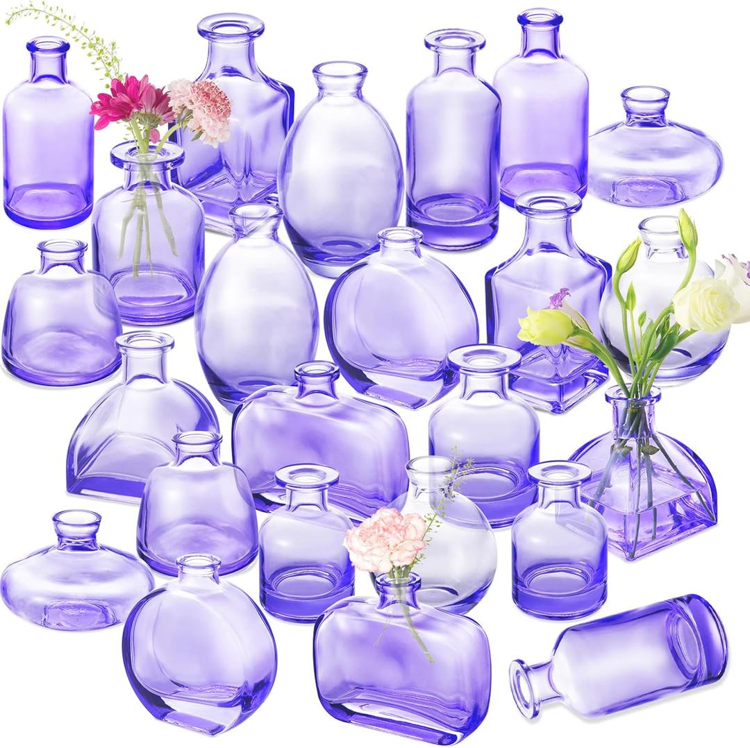 Bud Vases in Bulk 24 | Purple Glass Vase Set  Small Clear Bud Vases for Wedding Centerpieces, Floral Arrangements, Table Decor | Bulk Elegant Mini Vases for Events, Home & Party Decorations