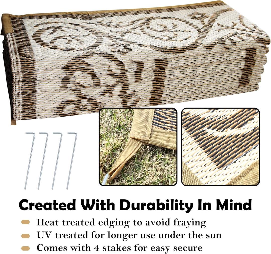 SAND MINE Reversible Mats, Plastic Straw Rug, Modern Area Rug, Large Floor Mat and Rug for Outdoors, RV, Patio, Backyard, Deck, Picnic, Beach, Trailer, Camping (9' x 12', Brown & White) (9' x 12', Brown & White)