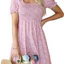 Naggoo Women's Summer Dresses Short Puff Sleeve Casual Square Neck Floral Print Smocked A Line Flowy Beach Sun Dresses
