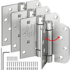 4-Pack Self Closing Door Hinges, 4 Inch Spring Loaded Hinges with Square & 5/8'' Radius Corners, Adjustable Tension for Garage, Front Back Door,Left Right Hand Door,UL Listed,Brushed Nickel