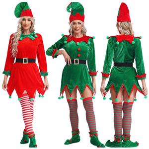 SOMSOC 6 Pack Women Christmas Elf Costume Set Velvet Dress Santa's Helper Costume Xmas Outfit Elf Hat Shoes Ears Belt Socks, Size XL