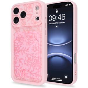 MZELQ Compatible with iPhone 17 Pro Max Case 2025 Silicone Card Holder, Cute Pattern Rose Flower Floral Cover for Girls Women -Pink
