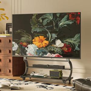 Rolling Easel TV Stand for 50-100 Inch TVs, Mobile TV Cart with Wooden Shelf and Wheels, Modern Floor Mobile TV Stand for Living Room, Office, Height Adjustable Holds up to 220lbs (Matte Black)