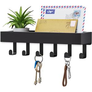 Key Holder Wall Mount Adhesive Magnetic - Hanging Key Hooks with Mail Organizer Tray for Wallet House Accessories - Keys Hanger Rack with Shelf for Camper Entryway Door Home Living Room Decor Black (Medium)