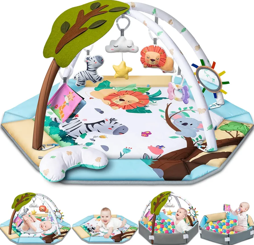 Baby Gym Play Mat, 8-in-1 Tummy Time Mat & Ball Pit with 6 Toys, Washable Baby Activity Play Mat for Visual, Hearing, Sensory, Motor Development, Baby Toys Gift for Toddler Infant 0-3-6-9-12 Month