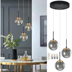 KoKo&Yukina Gold 3-Light Globe Pendant Light Modern Globe Chandelier Light Fixture Hanging Lights Adjustable with Grey Glass Pendant Lights Kitchen Island (Ash Gray & Gold)