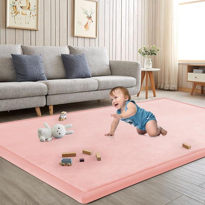 Baby Play Mat for Floor Nursery Rug Muscle Mat Area Rug Playroom Rug 59"x71" Playpen Mat Elastic Foam 1.3" Thick Crawling Mat for Babies,Toddlers, Infants, Kids,Light Pink