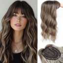 Hair Topper, Big Base 360 3D Hair Toppers for Women with Thinning Crown, 20 Inch Long Curly Wavy Hair Pieces with French Part Clip in Bangs for Daily Use Parties