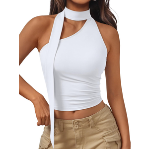 Trendy Queen Womens Going Out Summer One Shoulder Halter Crop Top Fashion Sexy Tie Shirts Cute Clothes 2025, Size S