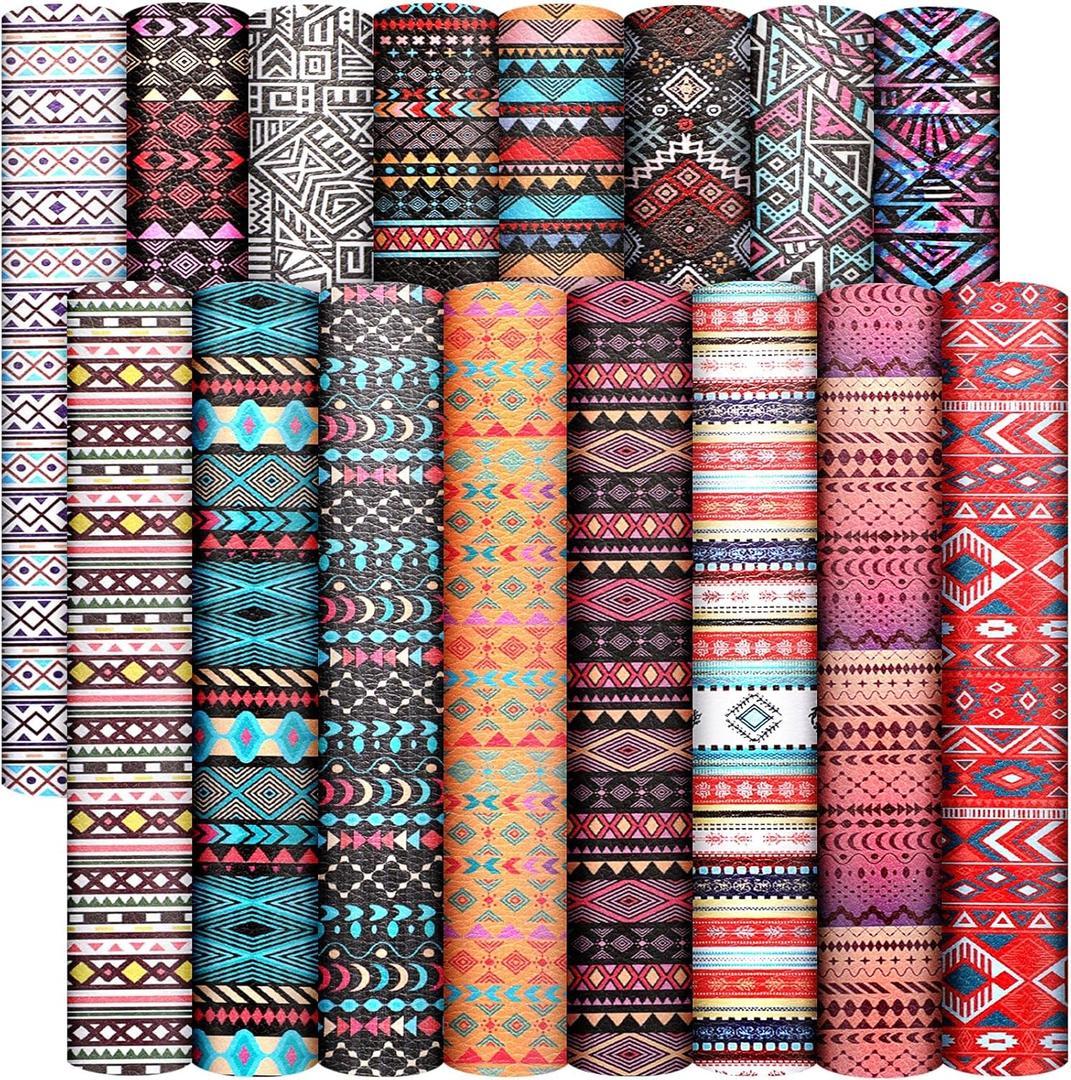 Weewooday 16 Pieces Striped Plaid Geometry Faux Leather Sheets Vintage Boho Style Leather Fabric Sheets Geometry Synthetic for DIY Bow Crafts Sewing Projects Decoration Making, 8.3 x 6.3 Inch