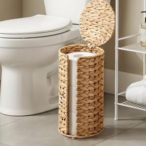 Water Hyacinth Free Standing Toilet Paper Holder Stand for Bathroom, 3 Rolls up to 5  Toilet Roll Holder Stand Storage with Lid, Decorative Boho Toilets Tissue Holders, for Bathroom and Under Sink