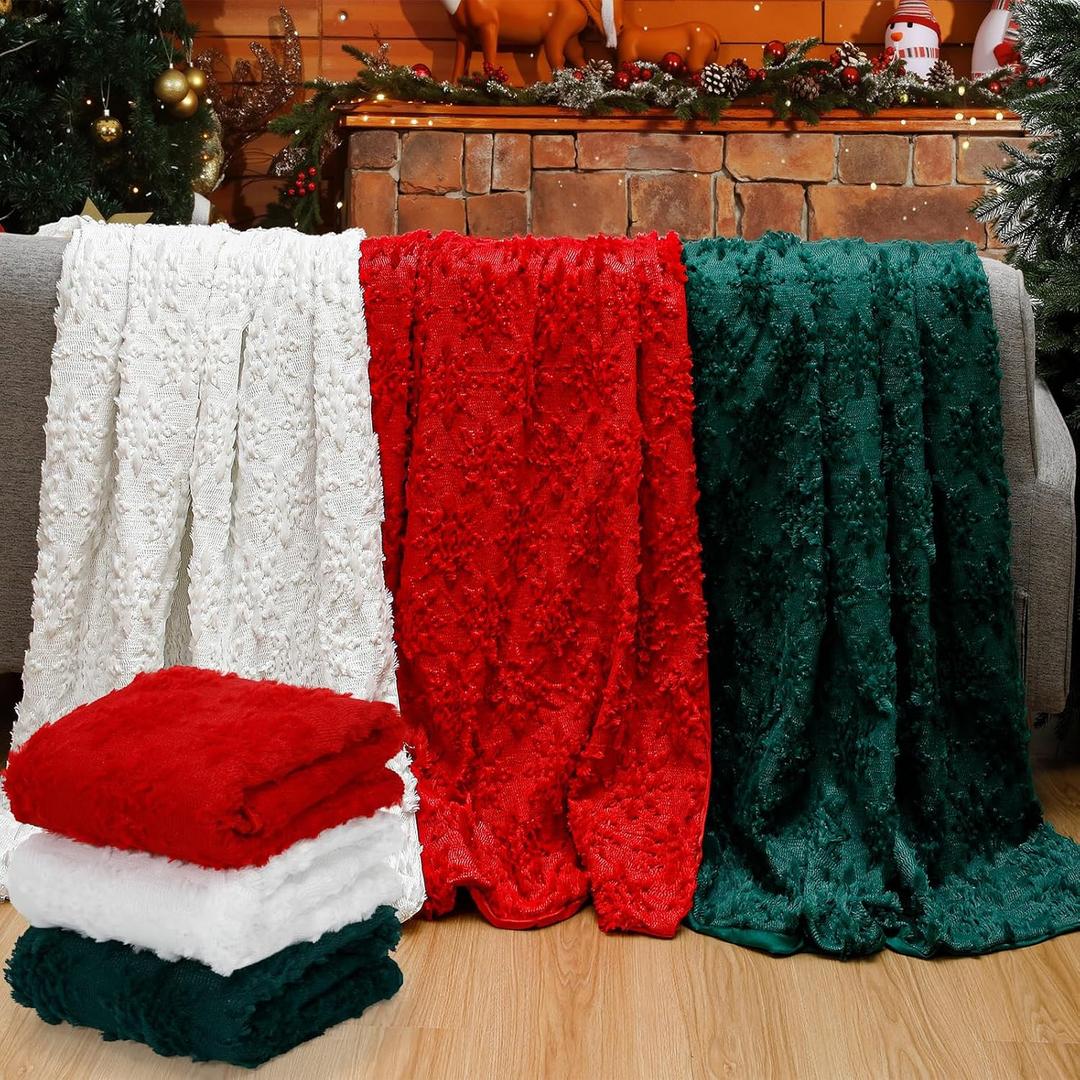 Tudomro 3 Pack Christmas Throw Blankets 50 x 60, 3D Embroidered Snowflake Plush Fleece Blankets, Red White Green Warm Soft Cozy Throw Set for Winter Couch Sofa Bed Decor, Holiday Xmas Gift