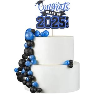 Zhehao 31 Pcs Graduation Cake Topper Class of 2025 Cake Topper Mini Balloon Black and Blue Decorations for Anniversary Party