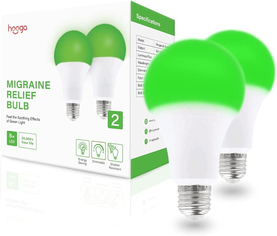 Hooga Migraine Relief Green LED Light Bulb, Light Therapy Bulb, 520nm Narrow Band, 8W, E26 Base. Dimmable. Relieves Migraine Pain, Nausea, Anxiety, Insomnia. May Help Fibromyalgia Pain (2 Pack)