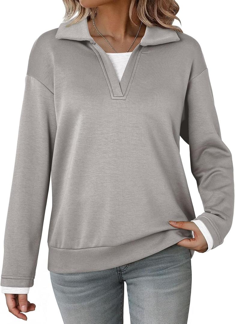 Dokotoo Sweatshirt for Women Long Sleeve V Neck Color Block Oversized Casual Pullover Sweatshirts Tops (Gray, XL)