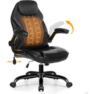 Ylzyxal Office Desk Chair, Ergonomic Computer Chair with Padded Flip-Up Arms and Adjustable Lumbar Support, PU Leather Executive Chair with Tilt Lock and 360 Swivel Rolling Wheels for Work, Study