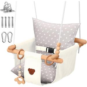 Talecogear Baby Swing  Outdoor & Indoor, Cozy Toddler Swing for Backyard, Hanging Swing Seat Chair, Cotton Canvas & Beech Wood Frame, Safety Harness, Mounting Hardware Included (White)