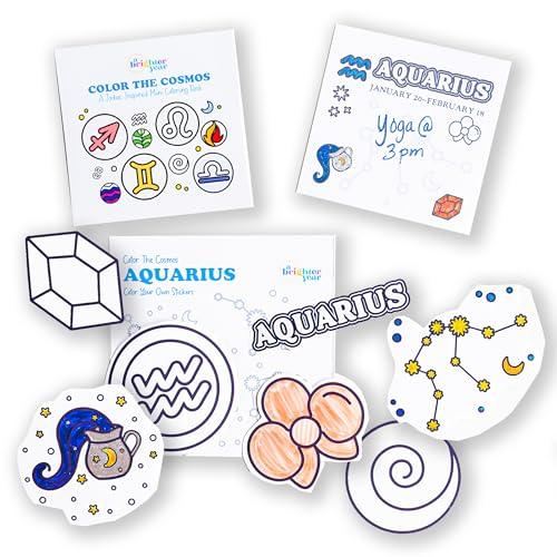 A Brighter Year Color The Cosmos Aquarius Gift Bundle - Adult Mini Coloring Book (3" x 3" - 50 Pages), Post It Notes (50-3” x 3”), Stickers - Stress & Anxiety Relief - Mindfulness, Gift, Travel