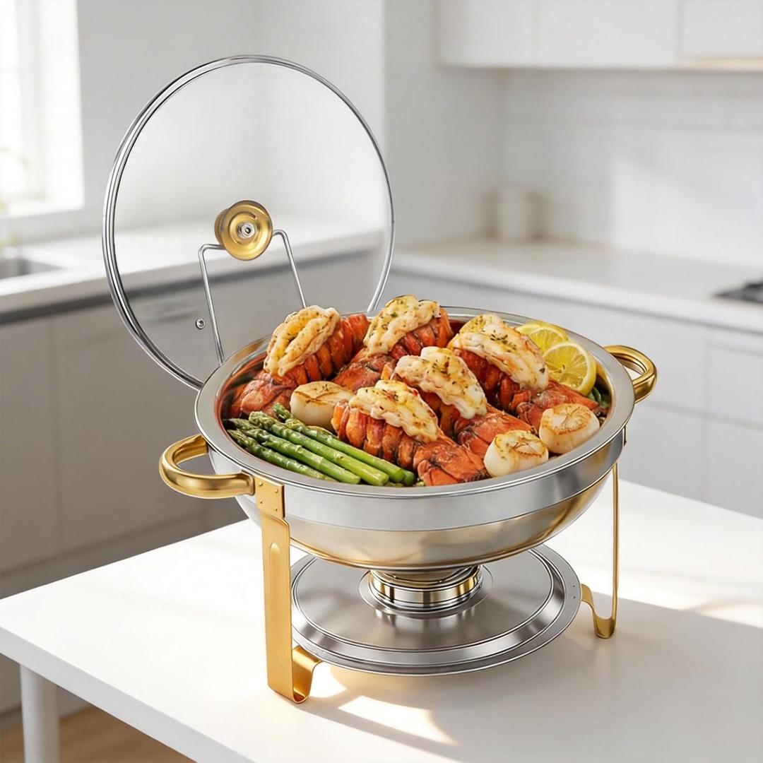 Chafing Dishes for Buffet1 Pack 4.5QT Round Chafing Dishes for Buffet, Gold and Silver Stainless Steel Chafing Dish Buffet Set with Glass Lid and Lid Holder for Home Parties, Gatherings,Wedding