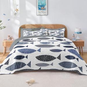 Pamnest Quilt Set Twin Size, Coastal Fish Ocean 2 Pcs Soft Bed Cover Bedding Set, Nautical Lake House Lightweight Bedspread Coverlet with Pillow Sham for All Season