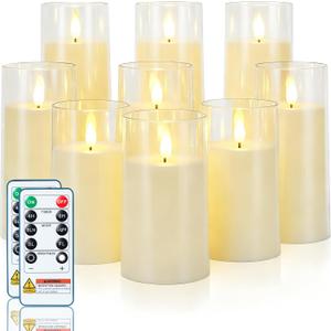 Homemory Ivory Flickering Flameless Candles, Battery Operated Acrylic LED Pillar Candles with Remote Control and Timer, Set of 9