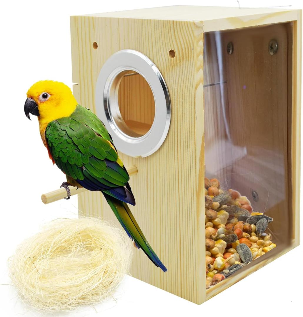 kathson Parakeet Nesting Box Transparent Bird House Bird Nest Box for Cage Parrot Nesting Boxes Wooden Breeding Box for Cockatiel Lovebirds Budgie Finch Canary(M) ([L:8.9 x 5.9 x 5.9 lnches])