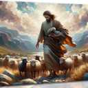 Religious Jesus Wall Art Print, Christian Scripture Painting with The Good Shepherd and Lamb, Spiritual Bible Canvas Poster for Prayer Decor 