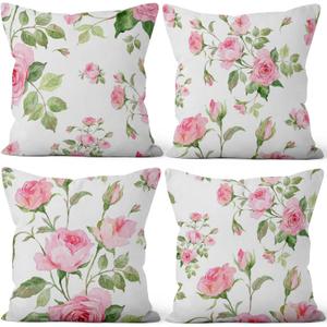 Pink Roses Throw Pillow Covers Blooming Floral Set of 4 Vintage Countryside Small Flower Green Leaves Linen Square Pillowcases for Couch Sofa Bedroom Patio Farmhouse Chair 16x16 Inch (White)