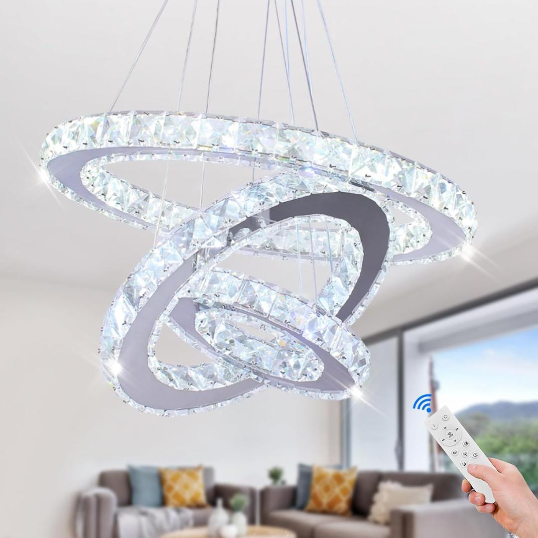 Chandelier LED Crystal Chandelier Lighting Dimmable LED Chandeliers Modern Ceiling Light Fixture 3 Rings Adjustable Stainless Steel Pendant Light for Bedrooms Living Room
