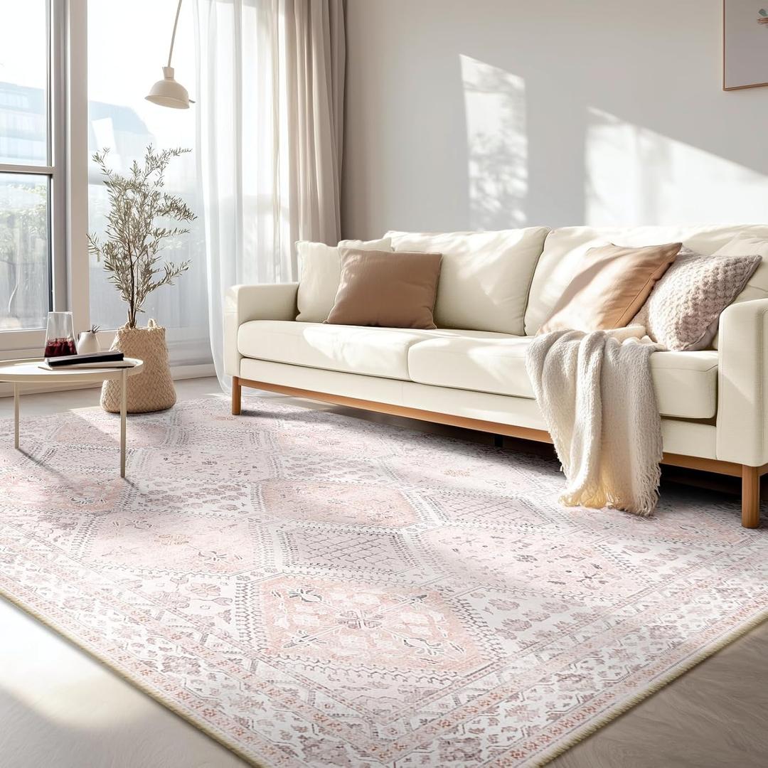 5x7 Area Rug Bohemian Rugs with Print Trellis Pattern Stain Resistant Washable Carpet for Living Room and Girls Bedroom Pink