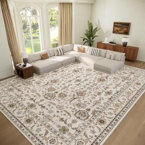 Washable 9x12 Area Rugs for Living Room, Boho Non-Slip Vintage Distress Lager Rugs for Bedroom Dining Room Nursery Office, 0.3" Neutral Oriental Throw Thin Carpet, Beige/Rust/Multi, B1