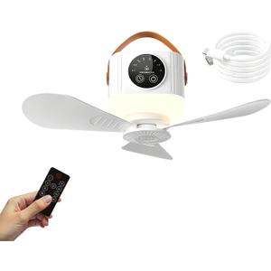 Battery Powered Ceiling Fan | Rechargeable 7200mAh with Lighting Remote Control 4 Speeds - Camping Fan with Light - for Gazebo Garage Motorhome Patio Outdoor Canopy
