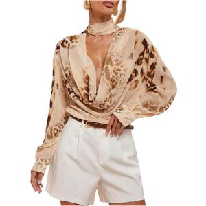 Floerns Women's Leopard Mesh Cowl Neck Blouses Long Sleeve Draped Deep V Neck Going Out Tops (Medium, Apricot Multi)