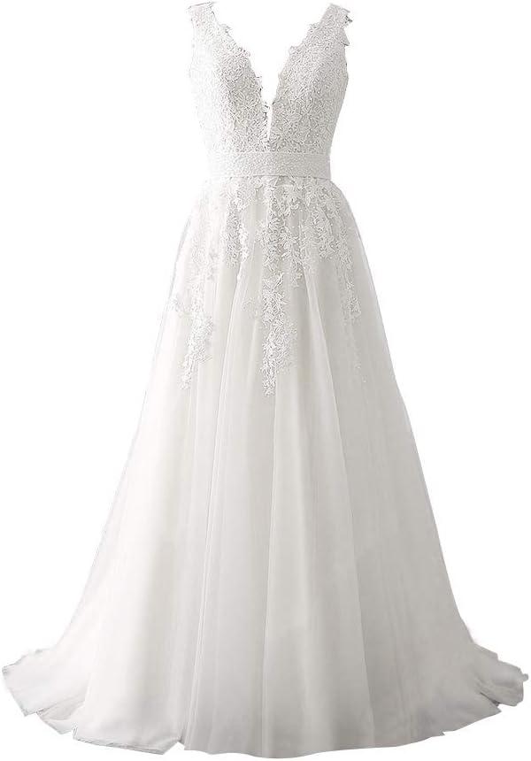Abaowedding Women's Wedding Dress for Bride Lace Applique Evening Dress V Neck Straps Ball Gowns (White) 20