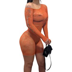 Women's Sexy See Through Long Sleeve Rhinestone Accent One Shoulder Cutout Mesh Lace Bodysuit Jumpsuit (Orange), One Size