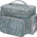 Bagmoly Large Makeup Bag, Portable Travel Makeup Bag Organizer for Women Girls with Makeup Brush Compartment & Two Side Pockets, Cosmetic Travel Bag Vertical Storage Toiletry - Floral Blue