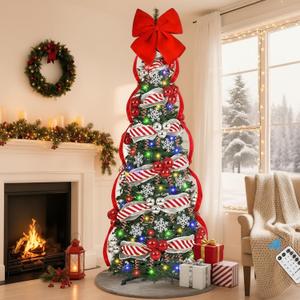 Uspring 6 FT Pop Up Christmas Tree with Lights, Artificial Collapsible Christmas Tree with Remote Control & 200 Colorful LED Lights, Pre Decorated Surround Ribbon, Ball Ornaments, Holiday Party Decor