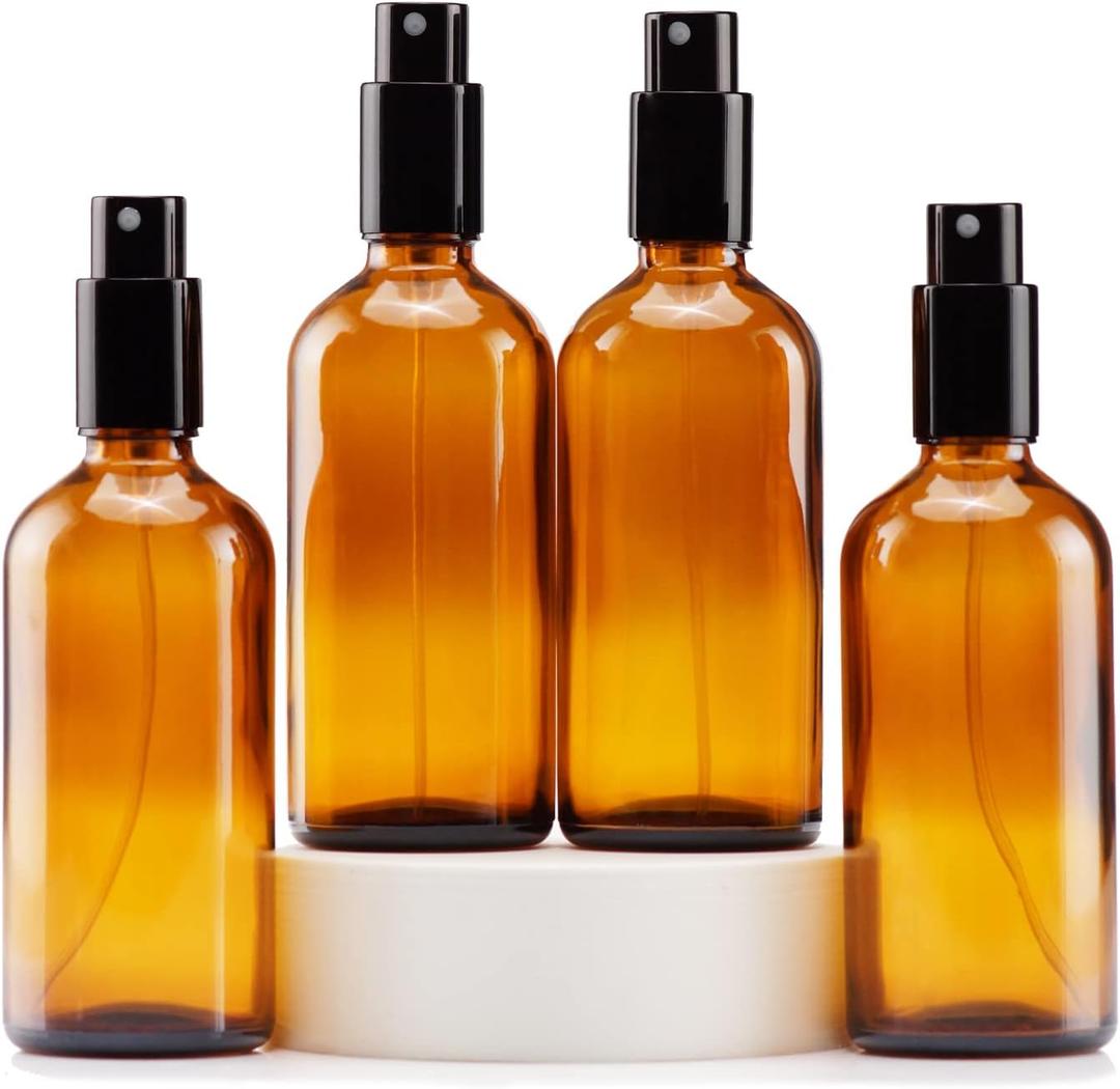 YIZHAO Amber Glass Spray Bottles 4oz, with Small Fine Mist Spray, Metal Cap, Refillable for Essential Oil,Travel,Cleaning,Perfume,Aromatherapy,Makeup  4 Pcs