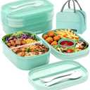 2 Layers Bento Box, All-in-One Stackable Lunch Container with Compartments, 64oz Leakproof Microwave Safe Dishwasher Safe Bento Box with Lunch Bag and Utensil Set for Kids and Adults